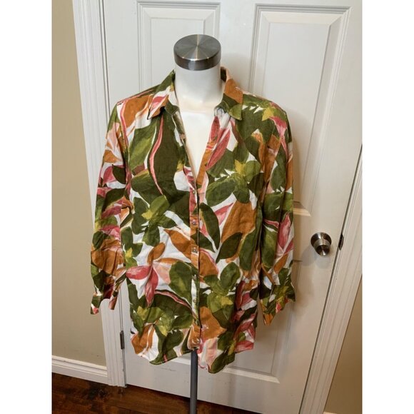 Tahari Multicolor Floral Tropical Linen Button Up Shirt, Size 1X Plus - Picture 1 of 5